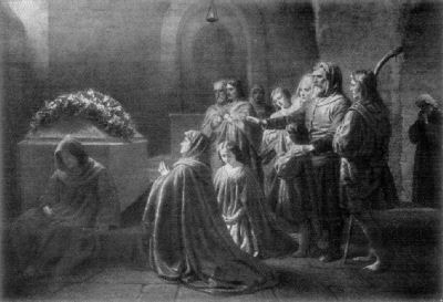 A painting showing a group of people standing and kneeling at prayer around
the sarcophagus of Henry IV. A monk sits at the base of the sarcophagus, which
has a mass of flowers on the lid.