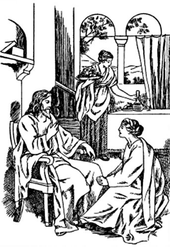 A woman sits at Jesus's feet; another woman sets out food and drink behind them.