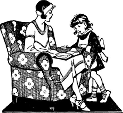 A little girl leans on the chair arm as the woman seated in the chair reads from a book.