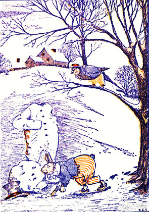 Jolly Robin And Jimmy Rabbit Inspect The Snow-Man