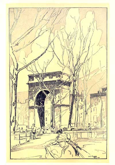 WASHINGTON ARCH. "... Let us hope that we will always
keep Washington Square as it is today—our little and dear bit of
fine, concrete history, the one perfect page of our old, immortal New
York."