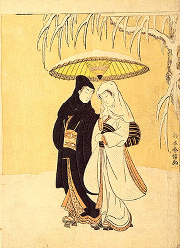 HARUNOBU. Lovers walking in Snow.