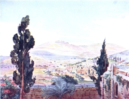 “AIN KAREEM,” REPUTED BIRTHPLACE OF JOHN THE BAPTIST,
FROM ROOF OF CONVENT OF THE VISITATION

Church built over supposed site of Zacharias’ and Elizabeth’s house to
right of town, high up, where St. John was born. Roof of chapel built
over site of their country house, where Mary visited her cousin, in
foreground.